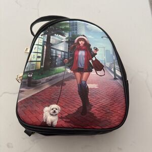 Mini Backpack Girl W/ Dog Walking In The City Love Adjustable Strap Black